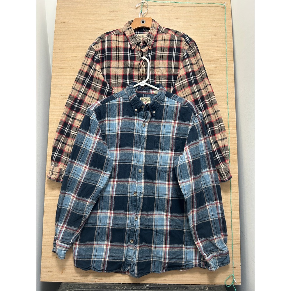 RedHead Brand Co Mens Plaid Flannel Button Down Shirts 2 Pack Blue Tan Large